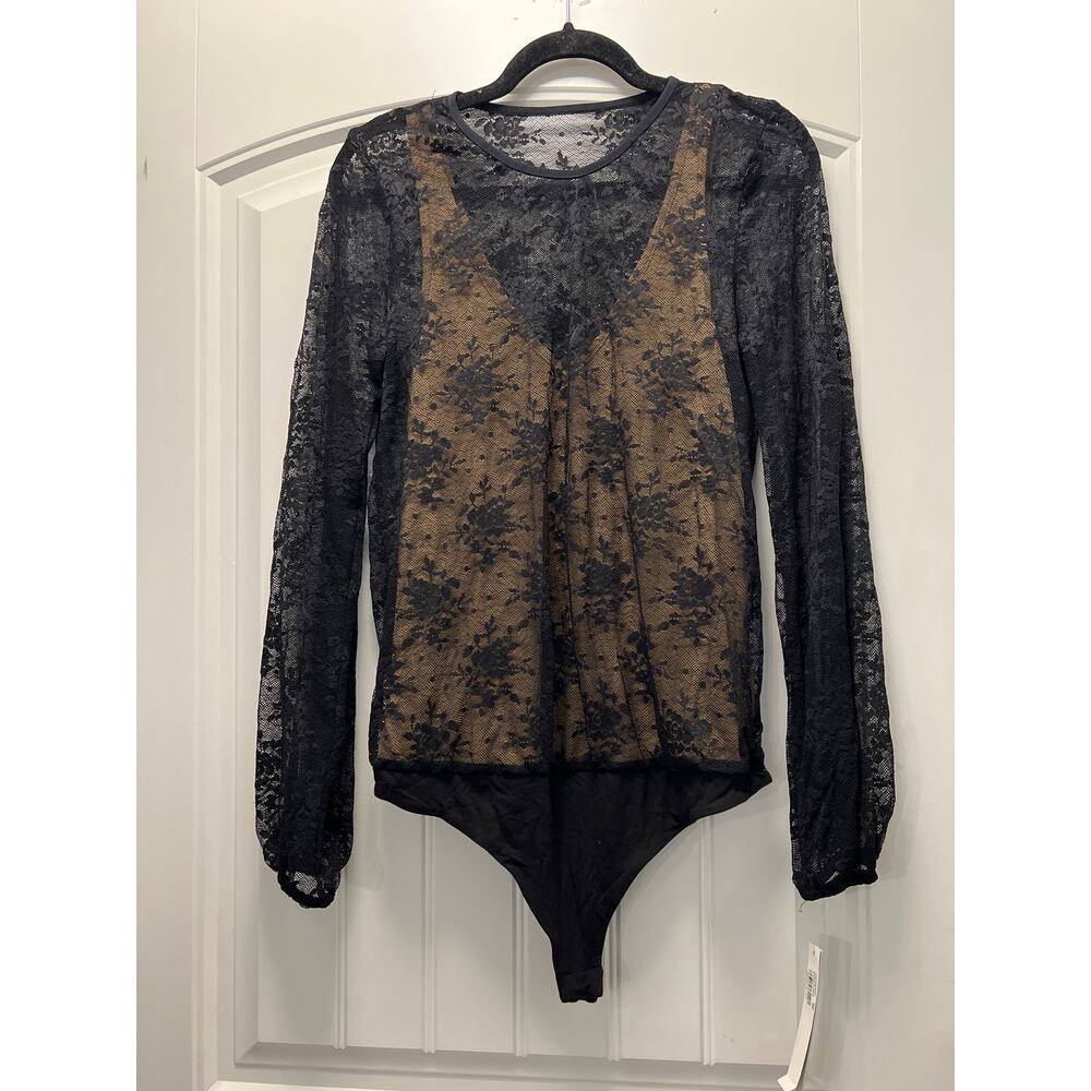 NWT Aqua Women’s Sheer Mesh Stretch Long Sleeve Sexy Bodysuit Size S Black Beige